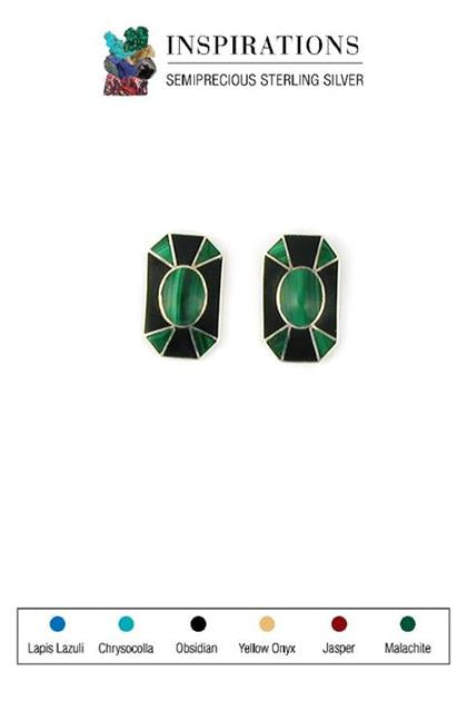 Inlaid Obsidian and Malachite Sterling Silver Earrings