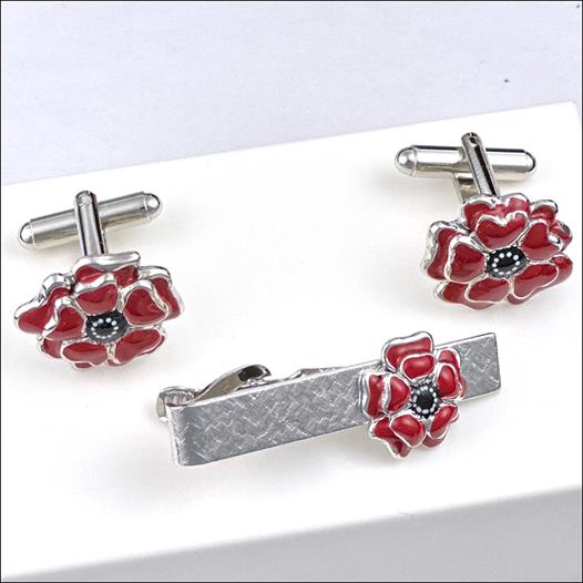 Poppy Flower Remembrance Cufflinks and Tie Clip