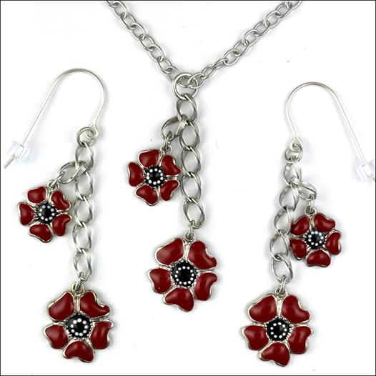 Poppy Flower Remembrance Earrings and Necklace Set